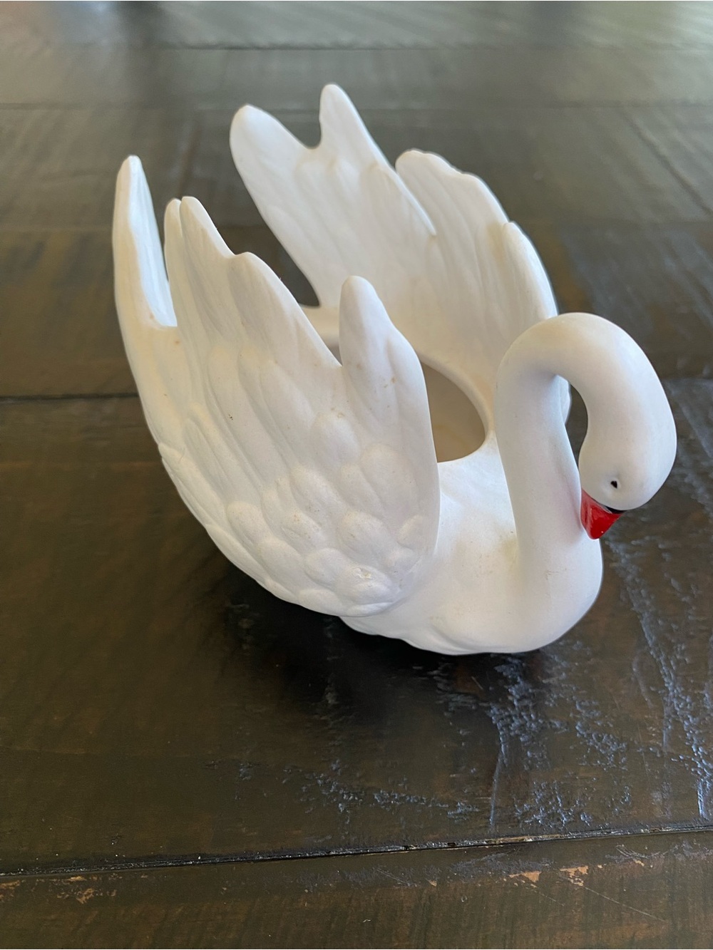 Vintage Goebel porcelain swan planter with a matte white finish.